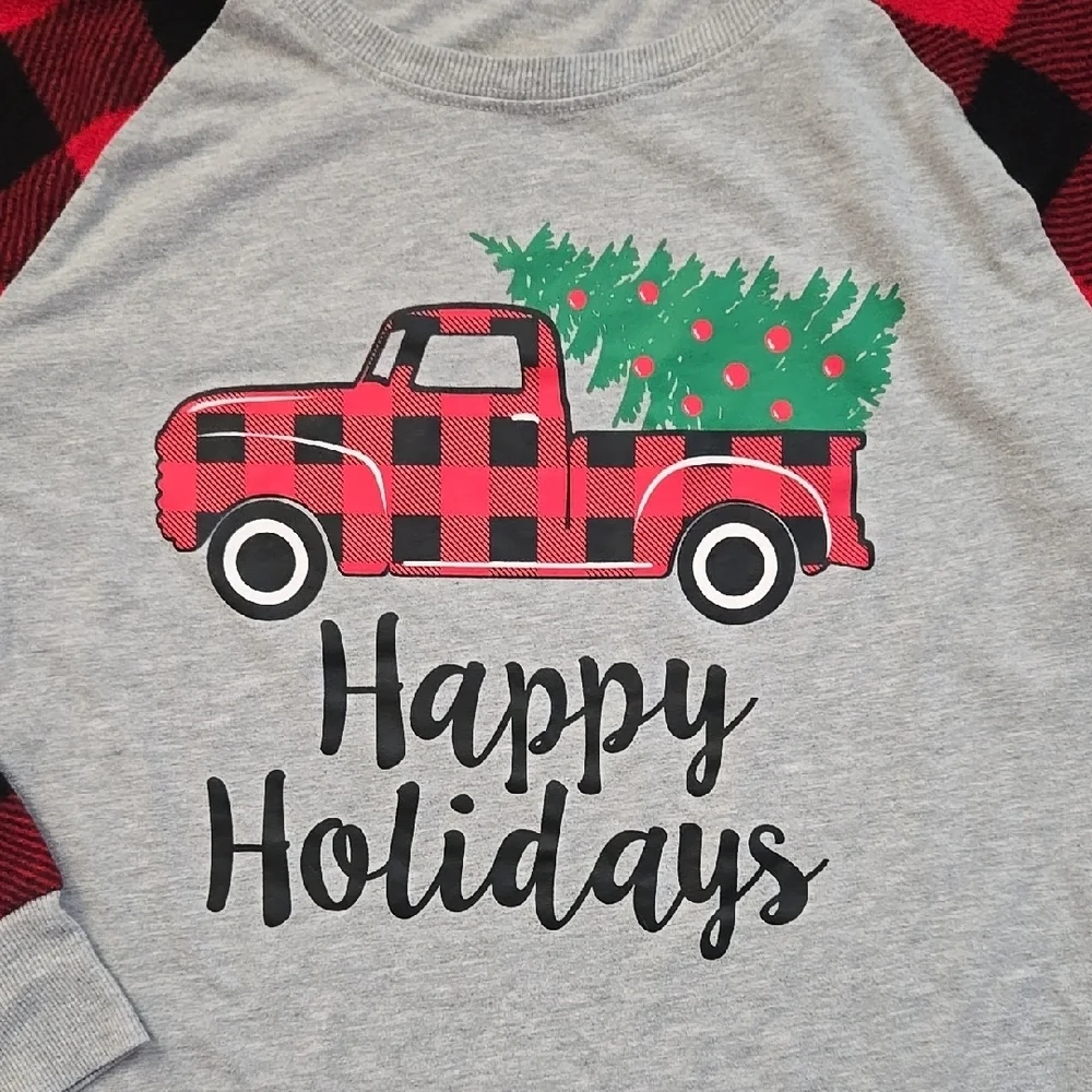 Plaid Sleeve Happy Holidays Kids Shirt - Picture 2 of 4